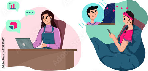 Long distance relationships. Working day schedule. Freelancer girl with laptop. Remote work concept. Stock vector illustration. Chatting with your loved one before bed. Send romance messages
