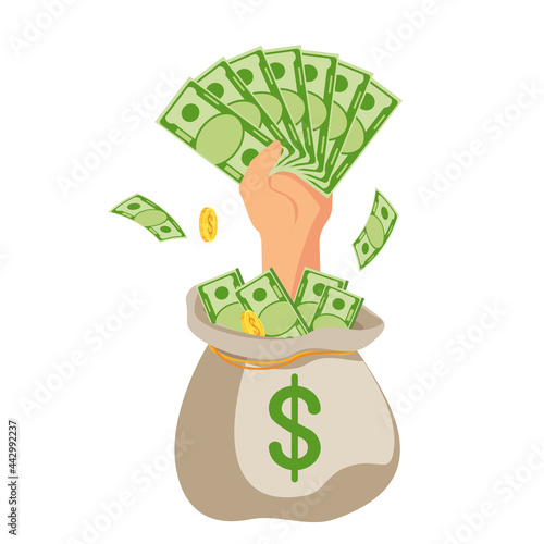 Hand with money sticks out of a bag of money.