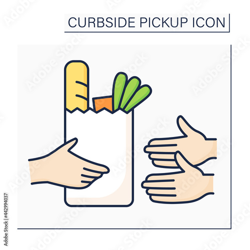 Curbside pickup color icon.Obtaining products from grocery from hand to hand.Hand Carry orders from supermarkets. Courier delivery concept. Isolated vector illustration