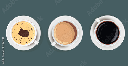Vector illustration with three cups of different coffee on a blue background.