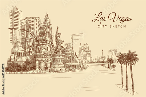 City sketch with skyscrapers, buildings and palm trees, Las Vegas, USA, hand-drawn.