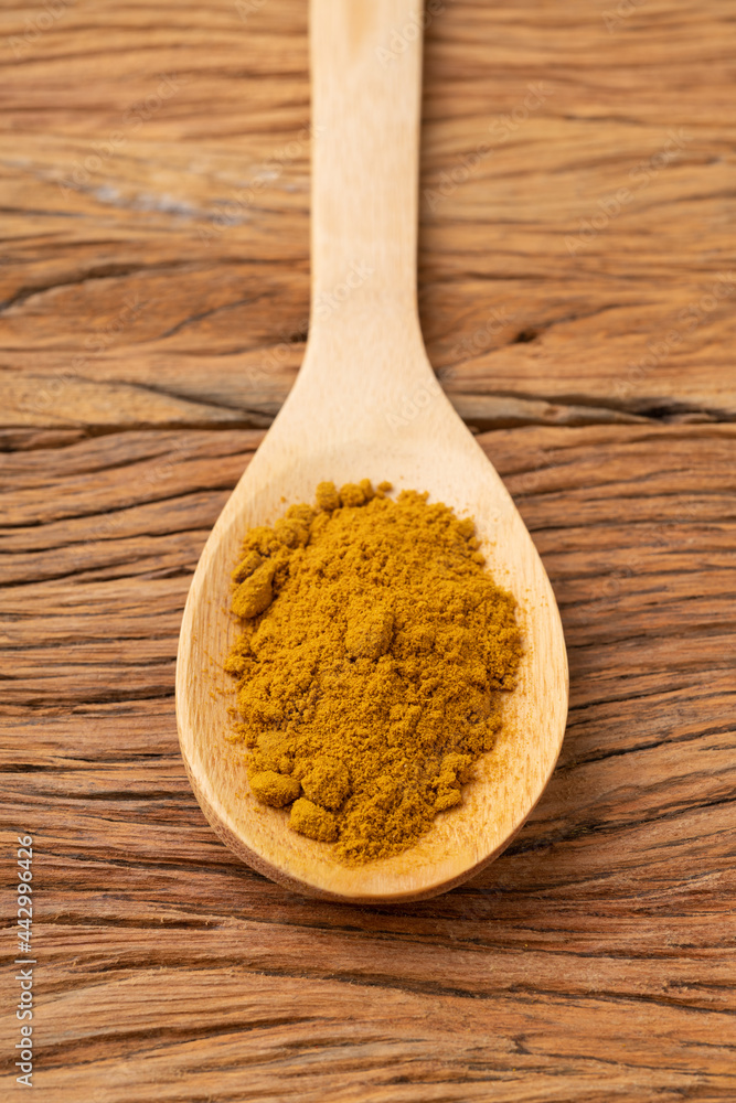 Closeup of turmeric in a spoon over wooden table Closeup of turmeric in a spoon over wooden table