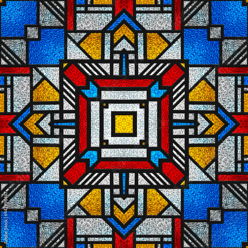 Sketch of a colored stained glass window. Art Deco. Abstract stained-glass background. Bright colors  colorful. Modern stained glass. Architectural decor. Design interior. Red yellow  blue  white.