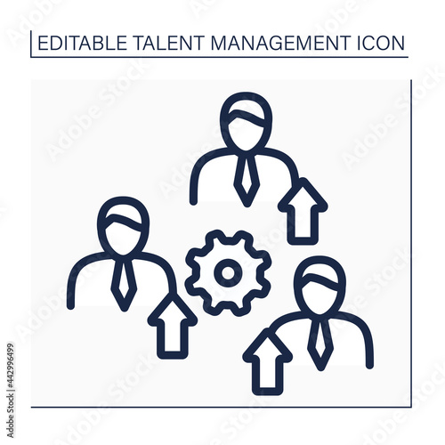 Promote employees line icon. Ascension of an employee to higher ranks. Increase in salary, rank, responsibilities, status.Talent management concept. Isolated vector illustration. Editable stroke