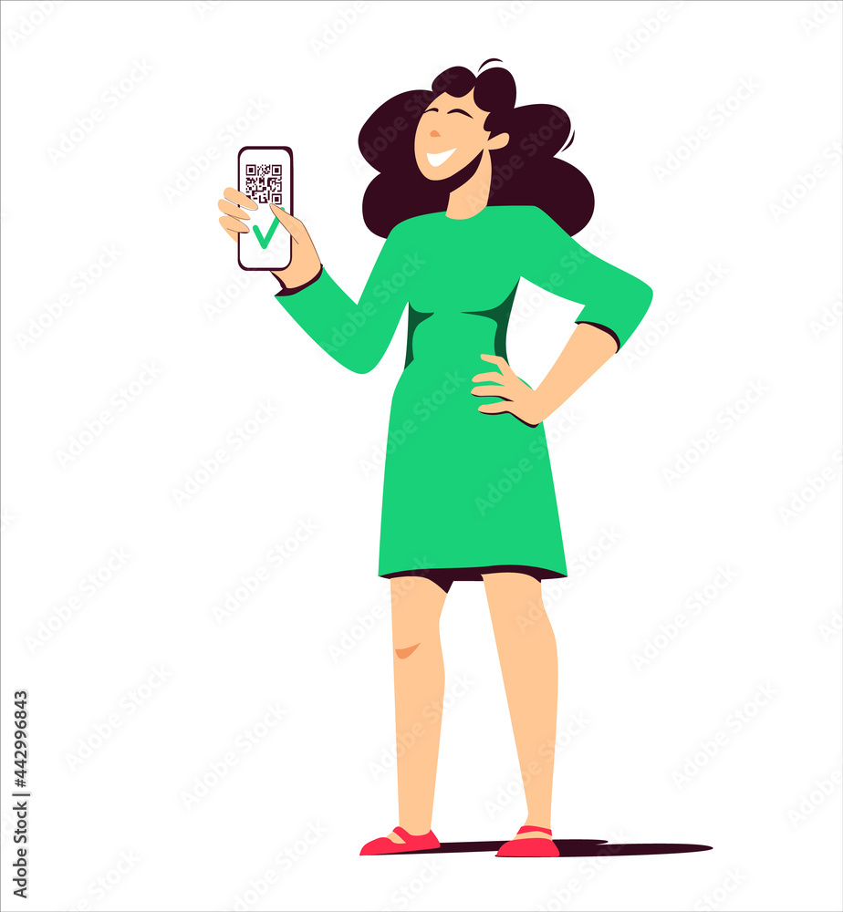 A young woman stands in full growth and shows an application with a QR code. Electronic confirmation. Coud be used as a vaccination certificate. Vector illustration on white background. A young woman stands in full growth and shows an application with a QR code. Electronic confirmation. Coud be used as a vaccination certificate. Vector illustration on white background.