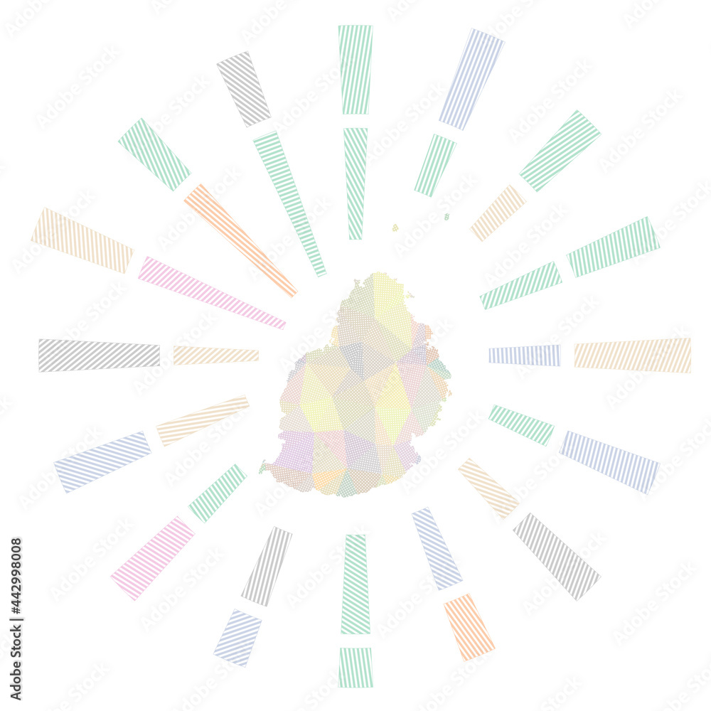 Mauritius sunburst. Low poly striped rays and map of the island. Cool vector illustration.