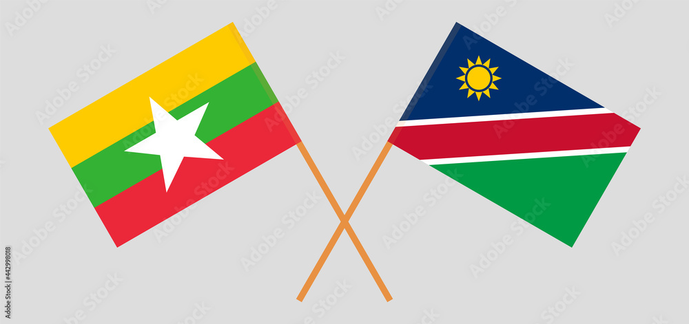 Crossed flags of Myanmar and Namibia. Official colors. Correct proportion Crossed flags of Myanmar and Namibia. Official colors. Correct proportion