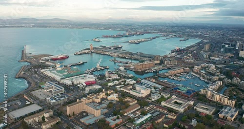Aerial view flying towards the city of Cape Town with Table Mountain.
