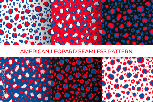 American leopard seamless patterns set of 6. Animal print in colors flag of USA. Red white blue Independence Day patriotic background. Vector template for fabric, textile, wallpaper, wrapping paper