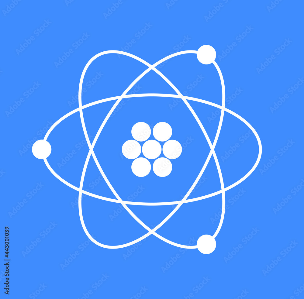 Icon of the atom. Protons, neutrons, electrons and gamma waves. Illustration of molecule structure. Isolated vector illustration on blue background. Icon of the atom. Protons, neutrons, electrons and gamma waves. Illustration of molecule structure. Isolated vector illustration on blue background.
