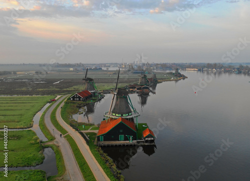 Rivers in the netherlands, mills, fields on the water, drone photo in Zaanse Schans