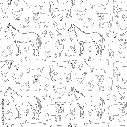 Outline Farm Animals seamless pattern. Cow, horse, pig, chicken, hen, sheep, rabbit. Animal husbandry. Livestock, cattle, dairy, poultry. Hand drawn contour vector background, template, coloring page