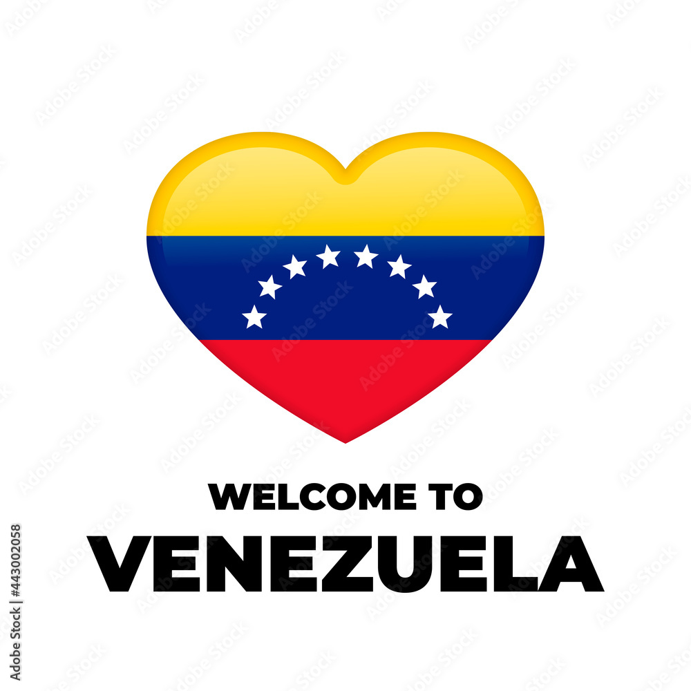 Welcome to Venezuela lettering with national flag in heart shape isolated on white background. Vector template for typography poster, postcard, banner, flyer, sticker, t-shirt Welcome to Venezuela lettering with national flag in heart shape isolated on white background. Vector template for typography poster, postcard, banner, flyer, sticker, t-shirt