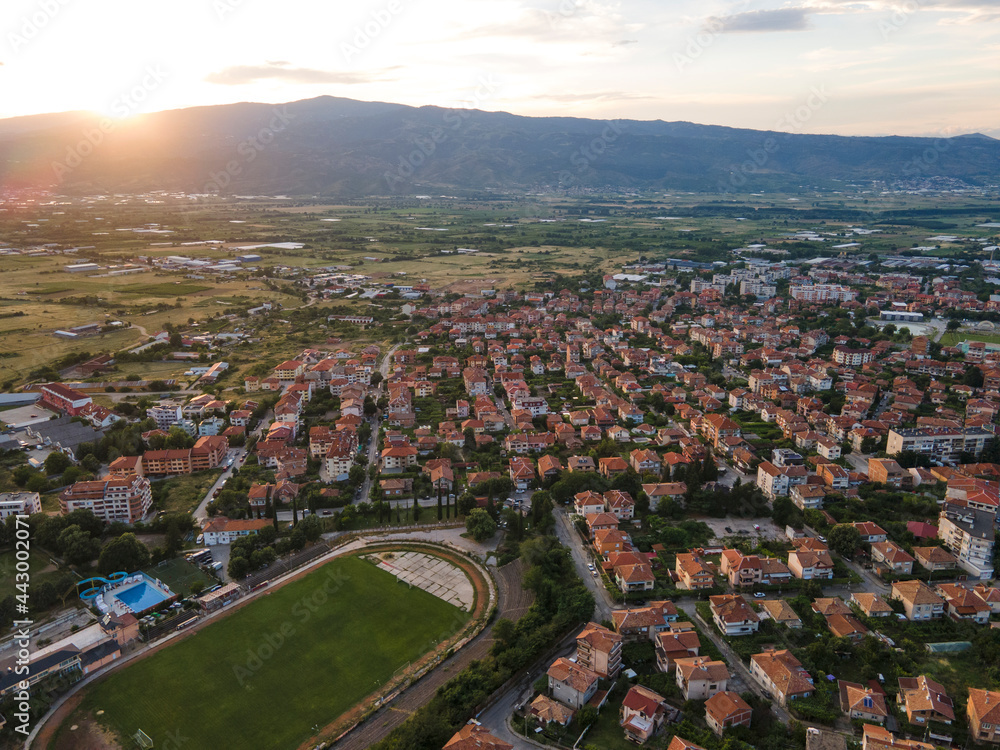 Naklejka premium Aerial Sunset view of town of Petrich, Bulgaria