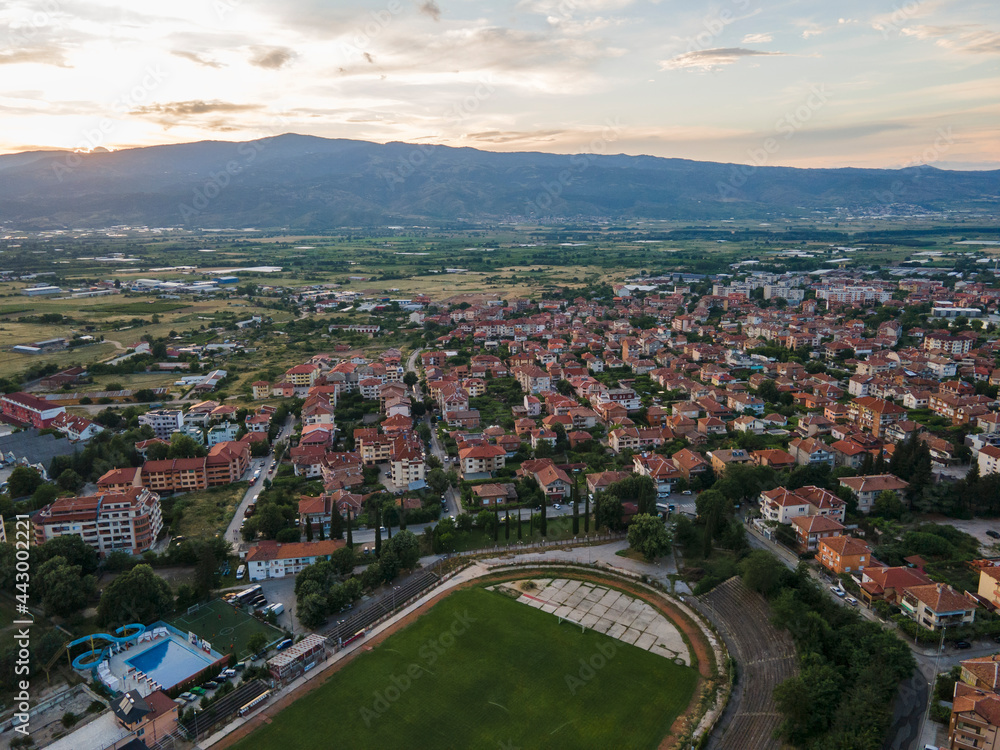 Aerial Sunset view of town of Petrich, Bulgaria