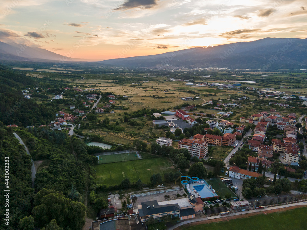 Aerial Sunset view of town of Petrich, Bulgaria