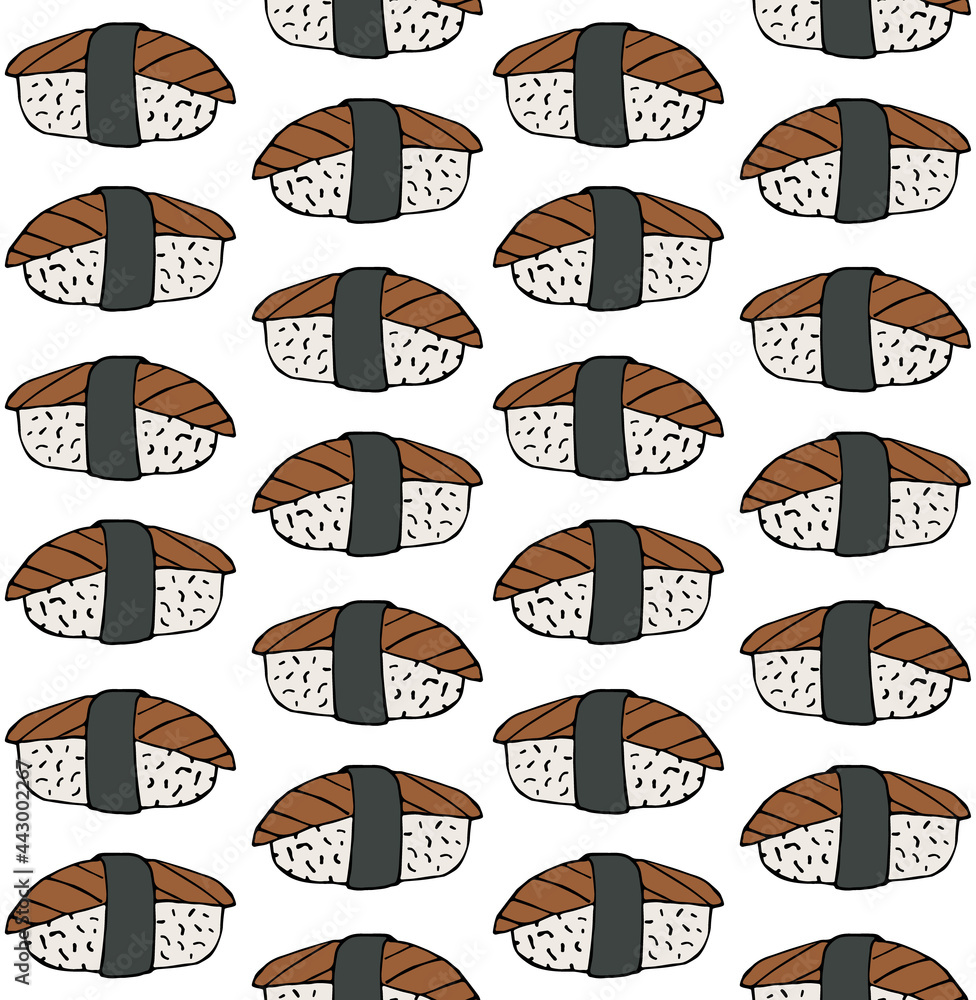 Vector seamless pattern of hand drawn doodle sketch colored sushi roll isolated on white background Vector seamless pattern of hand drawn doodle sketch colored sushi roll isolated on white background