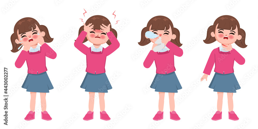 Cute animation children sick with discomfort symptom character. Cute animation children sick with discomfort symptom character.