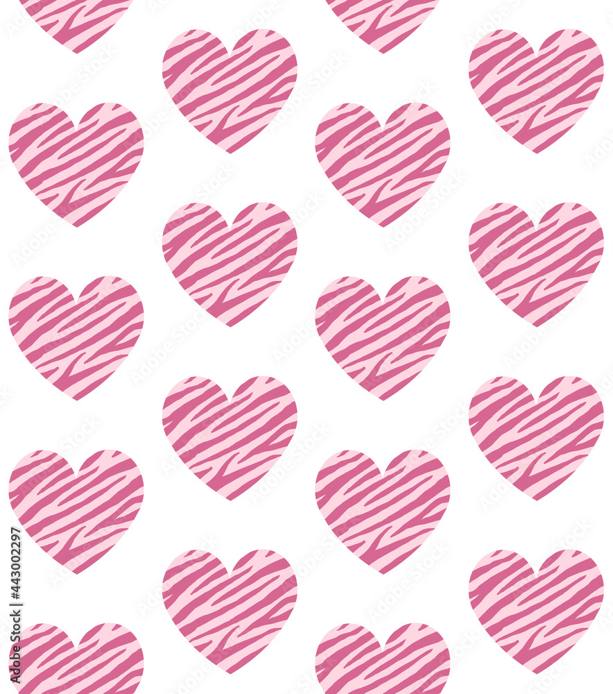 Vector seamless pattern of flat heart with pink zebra stripes fur print isolated on white background