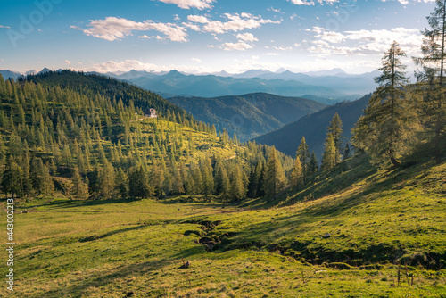 Nice sunset in the vast Alpine valley under the Hoher Dachstein massif on a summer day with a hut in the distance. Late afternoon light on Alpine meadows.