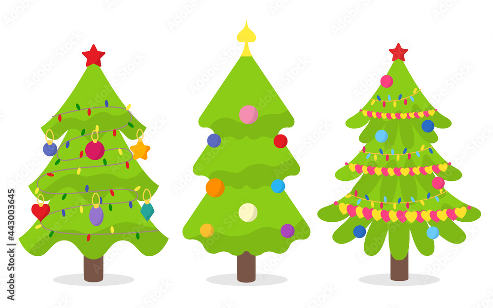 Trees with garlands and toys in the form of balls, other abstract shapes. Set of three green firs of New Years and Christmas. Decoration dressing room, tableware, gift wrapping paper, notebook. Trees with garlands and toys in the form of balls, other abstract shapes. Set of three green firs of New Years and Christmas. Decoration dressing room, tableware, gift wrapping paper, notebook.