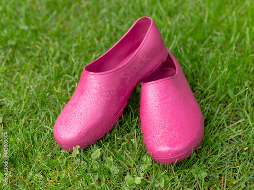 Rubber Pink Boots Shoes on green grass, Waterproof polymeric footwear. Gardening at Rain shoes, gumboots.