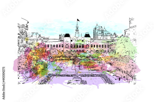 Building view with landmark of Ho Chi Minh city
 in Vietnam. Watercolor splash with hand drawn sketch illustration in vector.