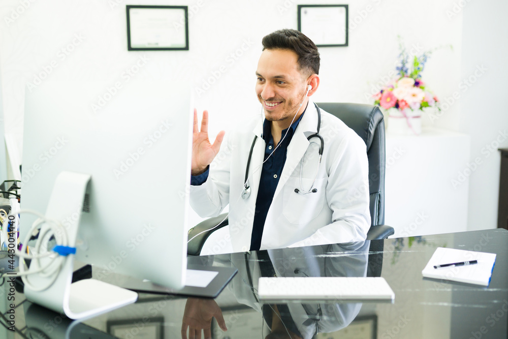 Happy specialist saying hello to a patient Happy specialist saying hello to a patient