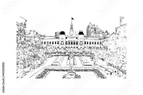 Building view with landmark of Ho Chi Minh city
 in Vietnam. Hand drawn sketch illustration in vector.