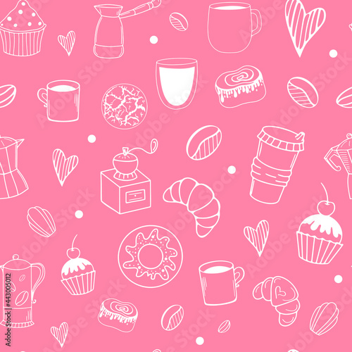 Vector seamless pattern with coffee and desserts, beautiful print for fabrics, menu design, signage, stationery