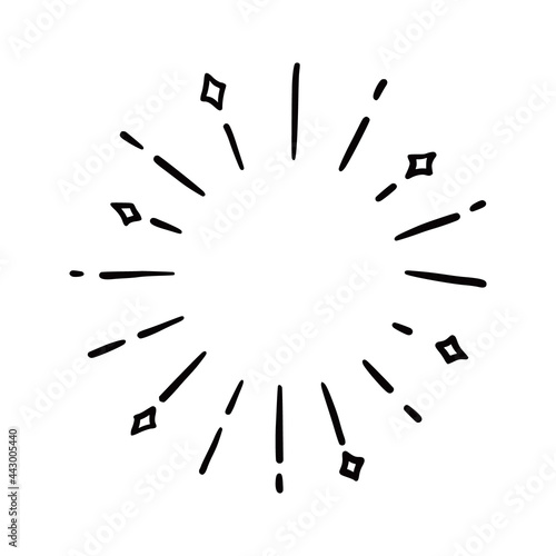 Hand drawn sunburst shine ray and sparkle element. Doodle sketch style. Circle burst of sun, star. Vector illustration.