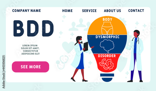 Vector website design template . BDD - Body Dysmorphic Disorder acronym. medical concept. illustration for website banner, marketing materials, business presentation, online advertising.