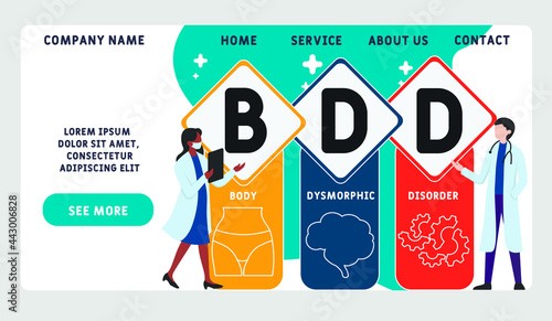 Vector website design template . BDD - Body Dysmorphic Disorder acronym. medical concept. illustration for website banner, marketing materials, business presentation, online advertising. photo