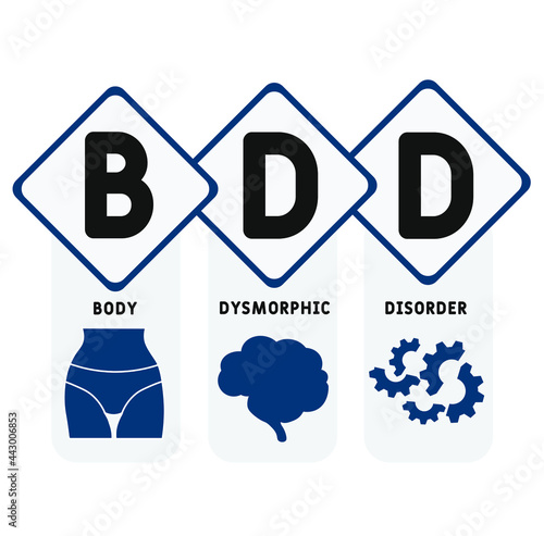 BDD - Body Dysmorphic Disorder acronym. medical concept background.  vector illustration concept with keywords and icons. lettering illustration with icons for web banner, flyer, landing 