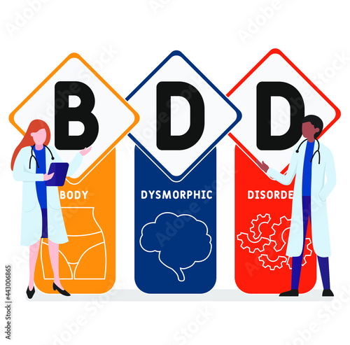 Flat design with people. BDD - Body Dysmorphic Disorder acronym. medical concept background. Vector illustration for website banner, marketing materials, business presentation, online advertising