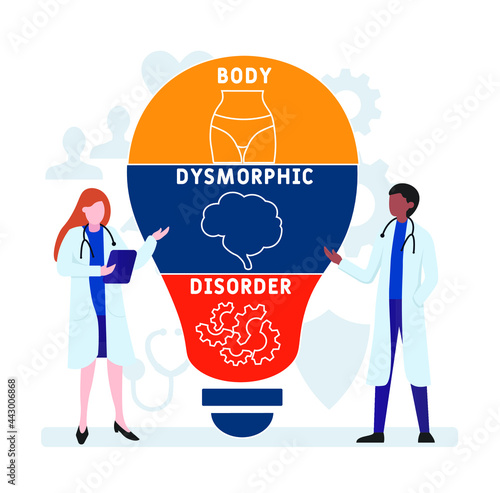 Flat design with people. BDD - Body Dysmorphic Disorder acronym. medical concept background. Vector illustration for website banner, marketing materials, business presentation, online advertising