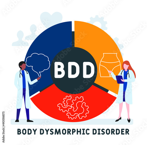 Flat design with people. BDD - Body Dysmorphic Disorder acronym. medical concept background. Vector illustration for website banner, marketing materials, business presentation, online advertising