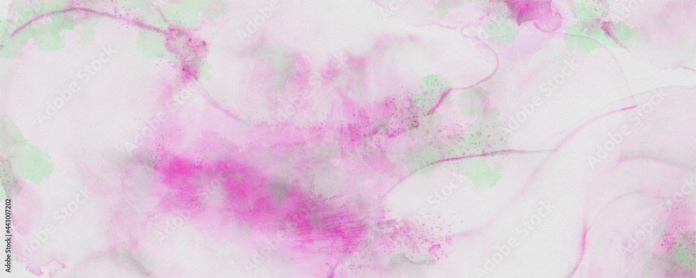 Pink wet watercolor background with distressed green isolated on rough white canvas texture, abstract background design
