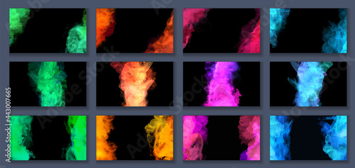 Big set of bright vector colorful watercolor fire flame on black background for poster or flyer