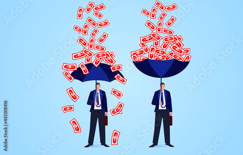 Smart idea, the businessman turns the umbrella back and fills it with falling money, the perfect solution