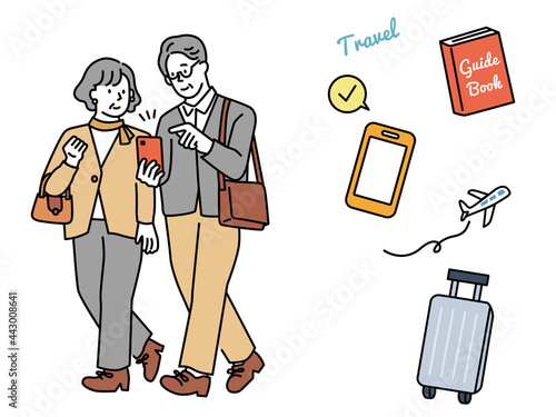 旅行のイラスト(シニア世代夫婦、スマホ、ガイドブック、飛行機、旅、観光、デート、老夫婦) Travel illustrations .senior generation couples, smartphones, guidebooks, airplanes, travel, sightseeing, dates, old couples