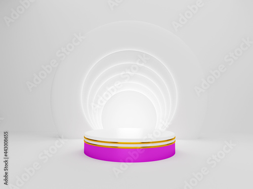 A white pink podium with gold trim is placed on the floor and white walls. Platform for placing merchandise and prizes on a modern website - 3D rendering, abstract background. © WIROT
