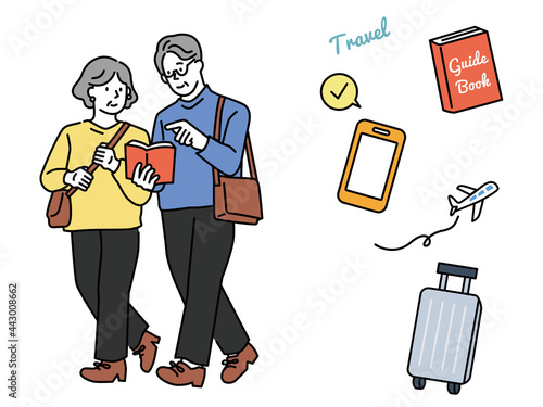 旅行のイラスト(シニア世代夫婦、スマホ、ガイドブック、飛行機、旅、観光、デート、老夫婦) Travel illustrations .senior generation couples, smartphones, guidebooks, airplanes, travel, sightseeing, dates, old couples