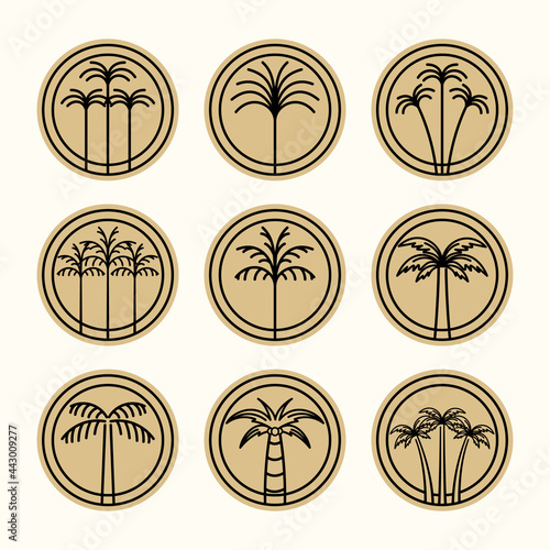 Exclusive Set of Palm or Coconut Tree Logo Vector Illustration Design. Palm or Coconut Tree Logo Bundle. Collection of Palm Tree Logo.