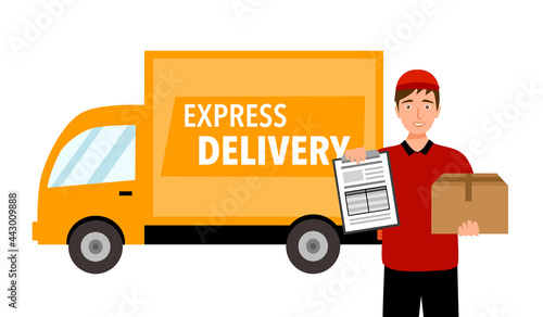 Express delivery service concept vector illustration. Logistic process and delivery man.