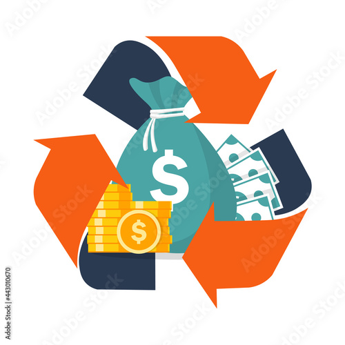 money recycle symbol isolated on white background. business and finance concept. bag of money and a dollar on the arrow recycle. vector illustration in flat style modern design.