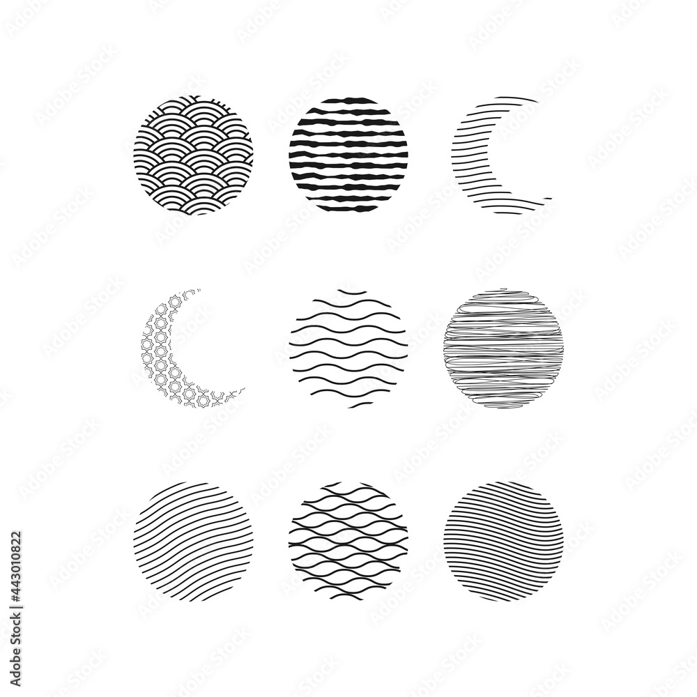 Set of black icons with Full moon and crescent moon. Chinese and Japanese patterns. Design elements for decor Chinese New Year, Lantern Festival. Vector illustration.