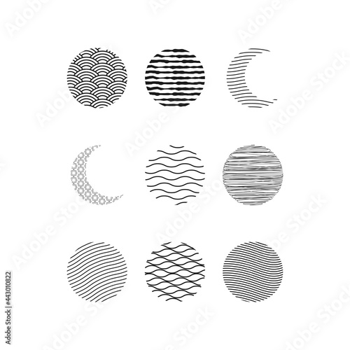 Set of black icons with Full moon and crescent moon. Chinese and Japanese patterns. Design elements for decor Chinese New Year, Lantern Festival. Vector illustration.