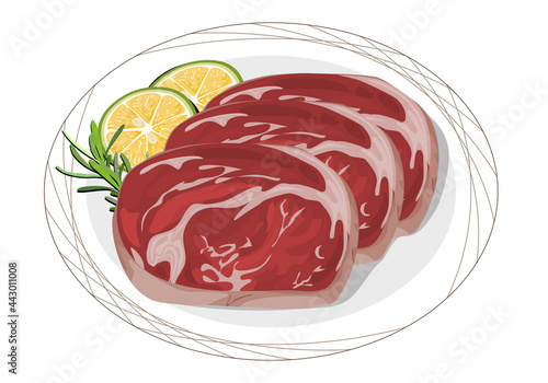 Uncooked pork on a dish. Isolated pice of pork prepared on white plate and decoration with lemon and rosemary , uncooked ingredient on white background. Anime food handrawing vector illustration.