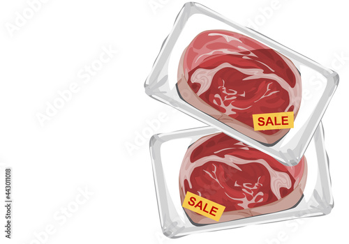 fresh meat in a plastic pack. Isolated pice of meat prepared on white plate and wrap with plastic wrapped, uncooked ingredient on white background. Anime food handrawing vector illustration.